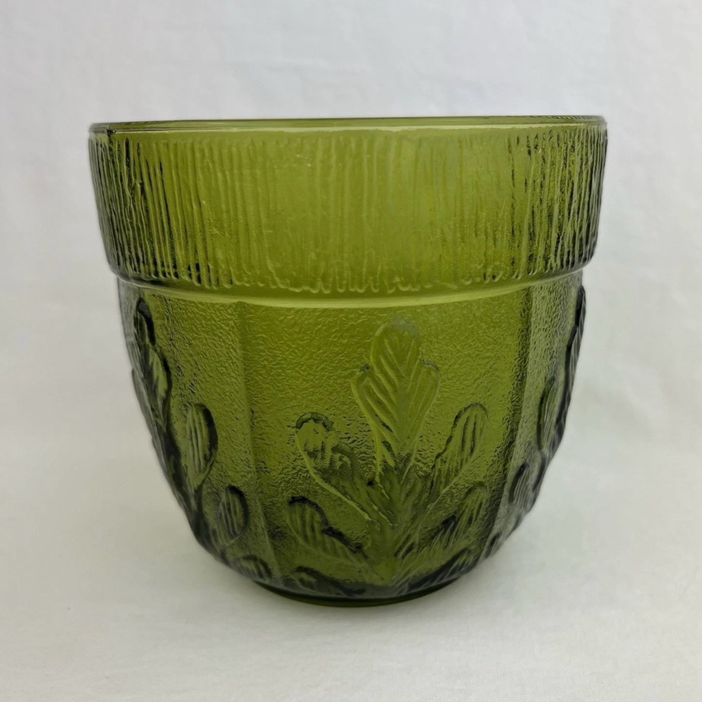 1975 Embossed OAK LEAF Avocado Green Glass Planter Vase Textured FTD Vintage